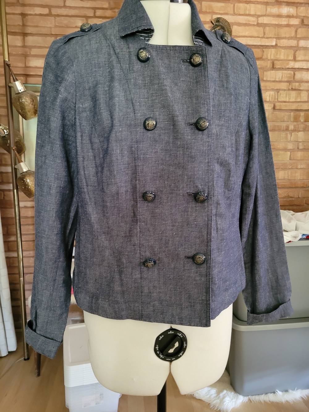 Linen Cotten Blend Dark Blue Chambray Military Double-Breasted Jacket Sz 10